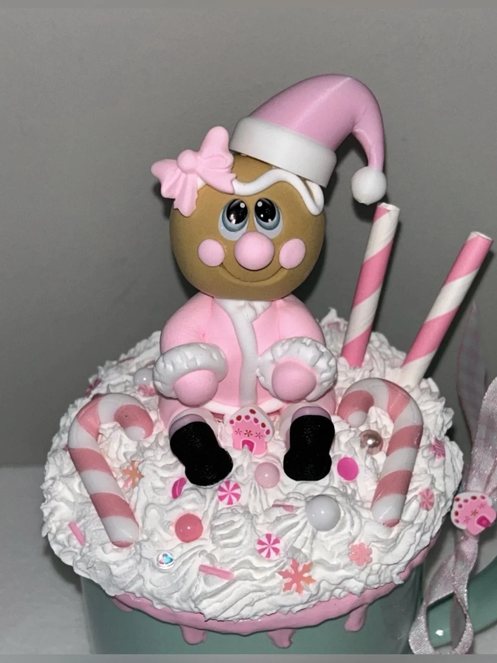 Mint Ceramic Holiday Fake Pink Santa Gingerbread Whip Cream Mug Handmade